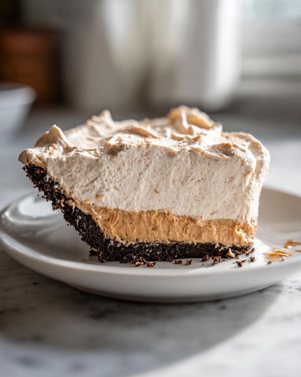A close-up slice of no bake peanut butter pie showing a dark crust, creamy peanut butter layer, and light topping.