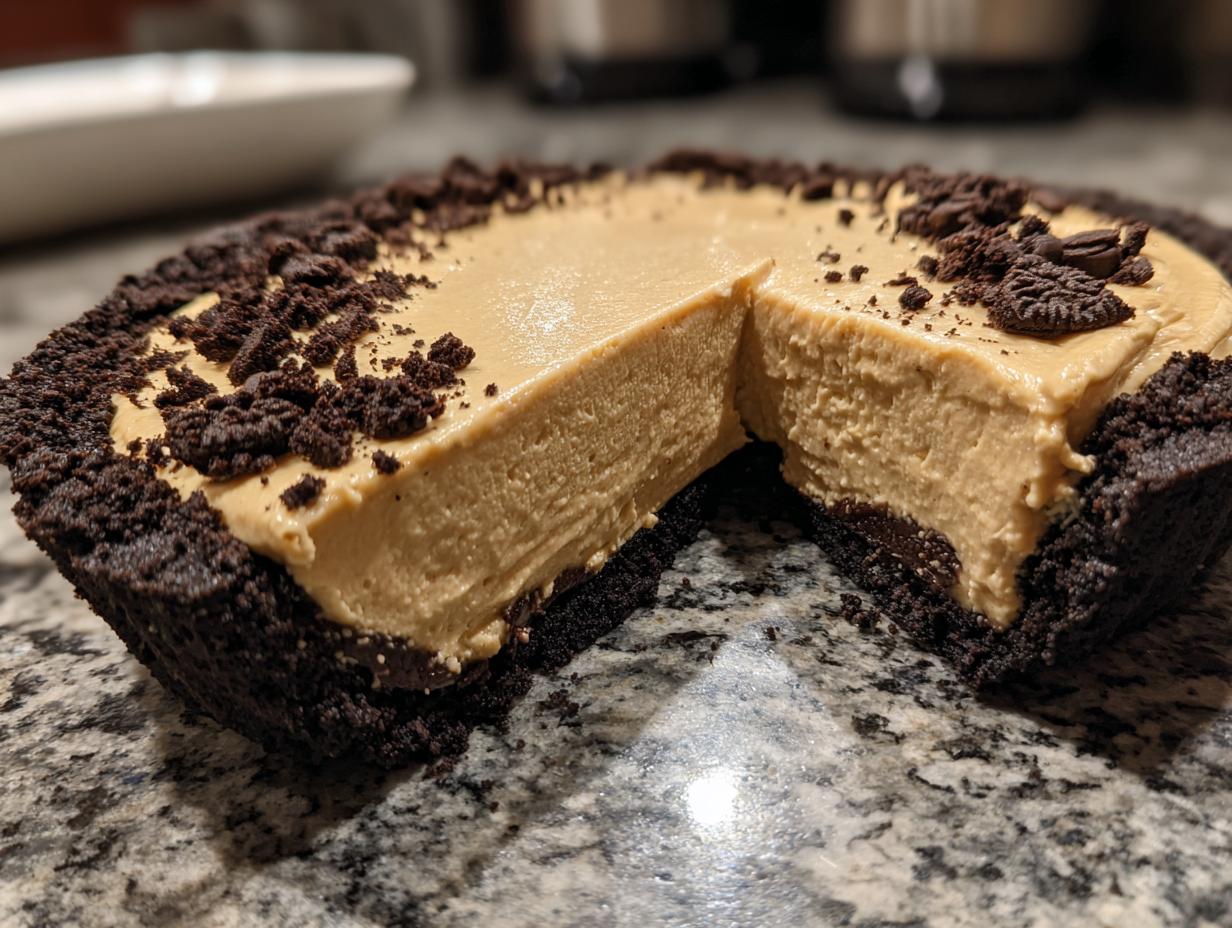 A close-up view of a slice removed from a no-bake peanut butter pie with a thick chocolate crust and crumb topping.