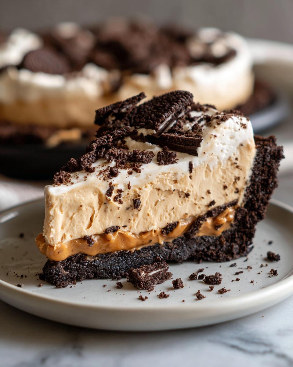 A decadent slice of no-bake peanut butter pie featuring a thick peanut butter filling and Oreo crust, topped with whipped cream and cookie pieces.