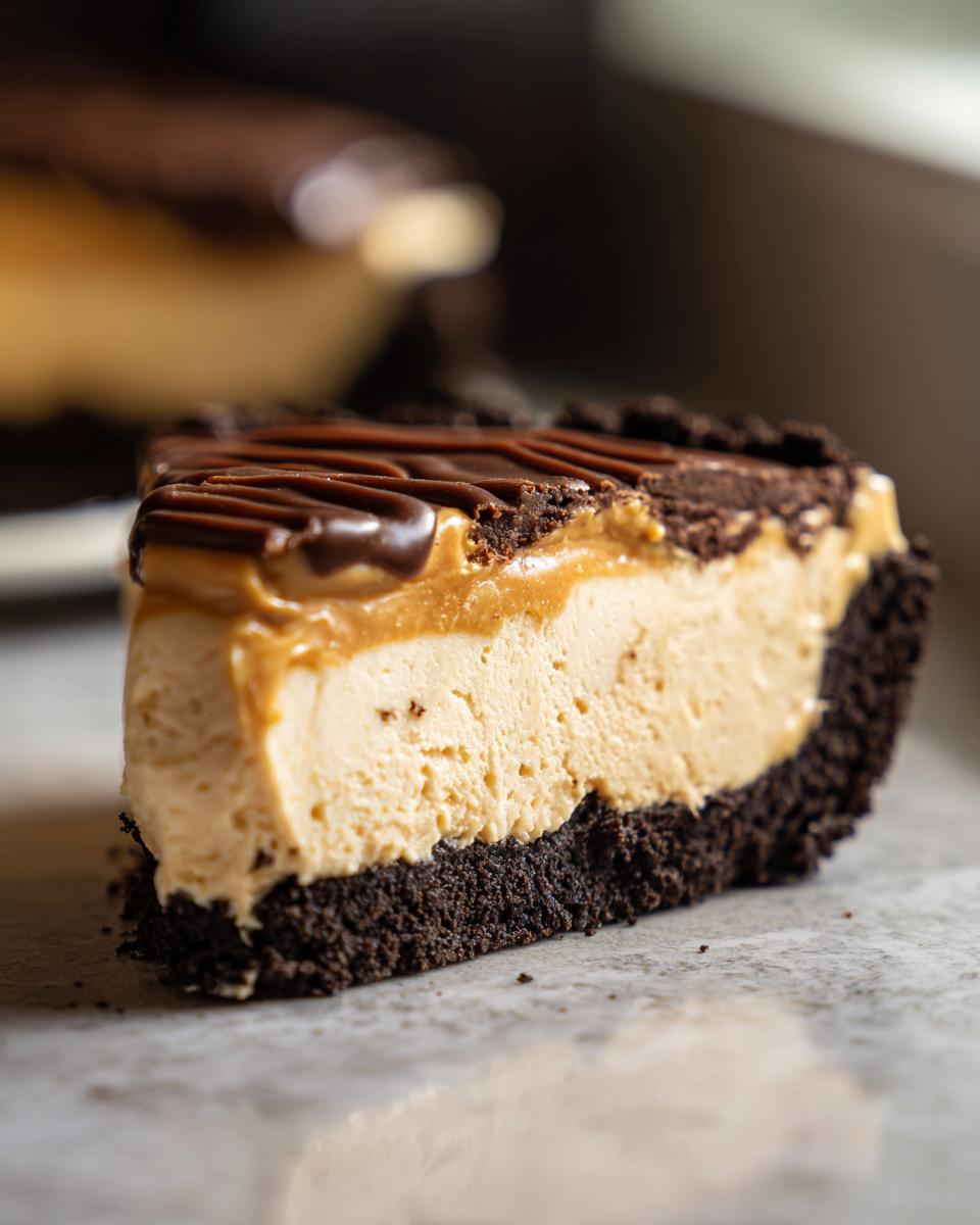 Close-up of a thick slice of no-bake peanut butter pie with a dark chocolate crust and chocolate drizzle topping.