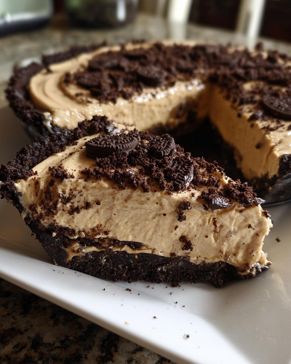 A thick slice of no-bake peanut butter pie with a dark chocolate crust, topped with crushed cookies.