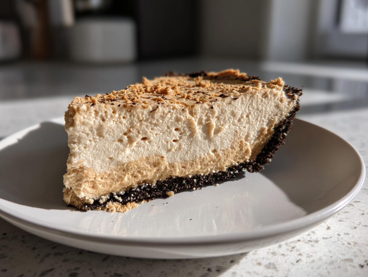 A thick slice of no bake peanut butter pie with a dark crust, served on a white plate.