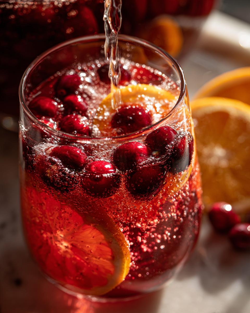 Close-up of sparkling non-alcoholic christmas punch being poured into a glass with cranberries and orange slices.