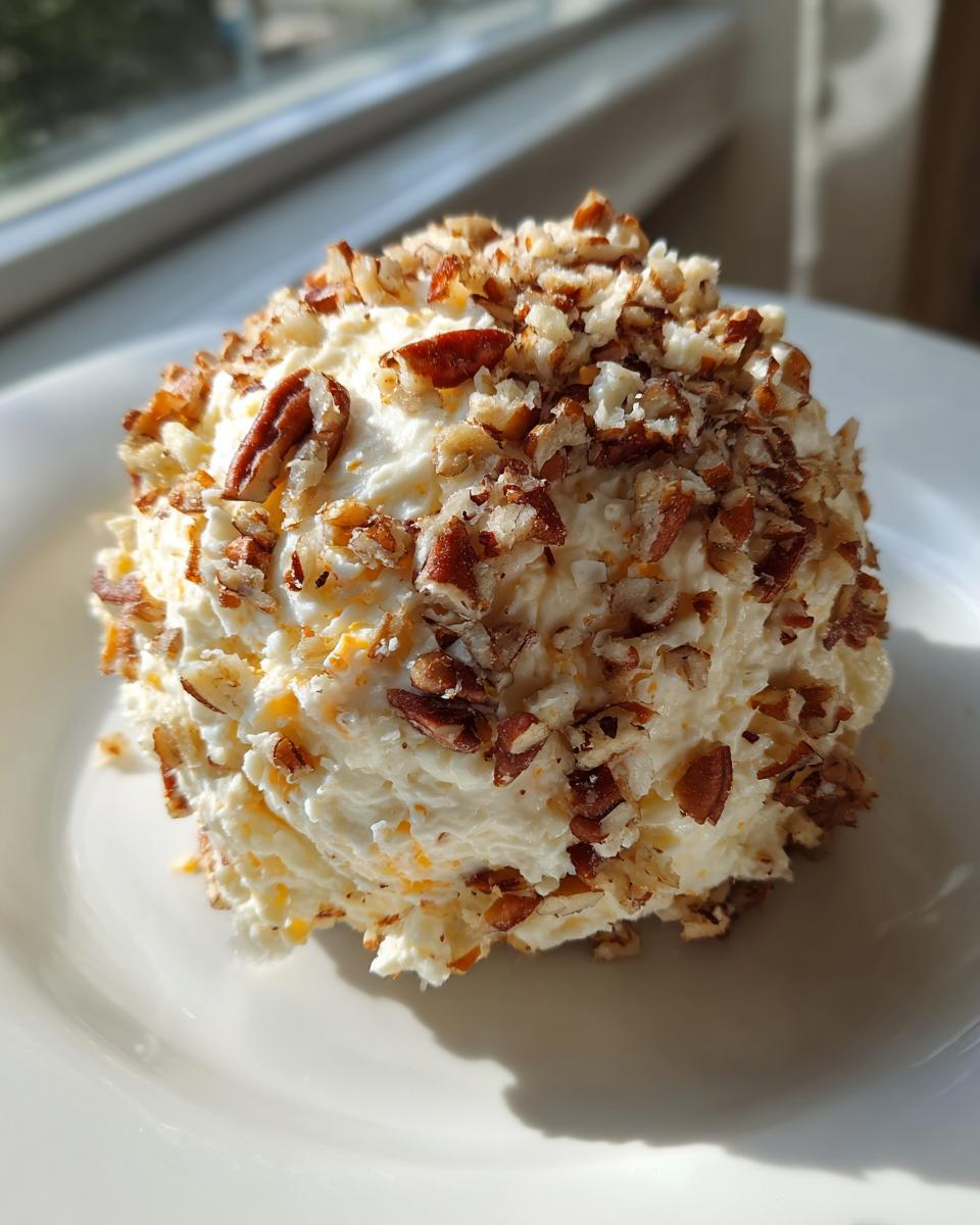 A delicious cheese ball recipe covered in chopped pecans, sitting on a white plate in bright sunlight.