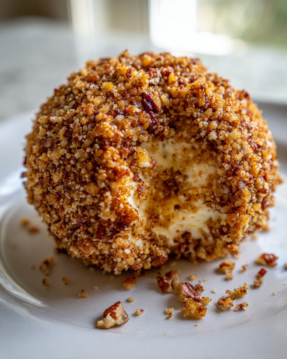 A close-up of a pineapple cheese ball coated in toasted pecans, showing a creamy interior where a piece has been removed.