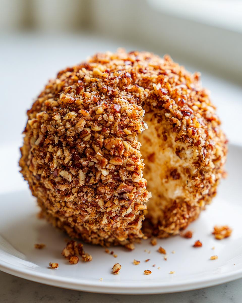 A close-up of a pineapple cheese ball completely covered in chopped pecans, with a slice taken out.