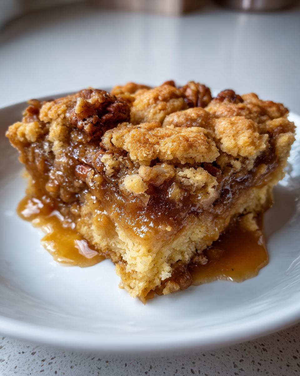 Close-up of a rich, gooey slice of pecan pie cobbler recipe with a crumbly topping on a white plate.