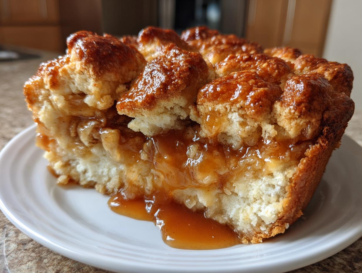 A moist slice of pecan pie cobbler recipe showing a gooey caramel filling and a golden, biscuit-like topping.