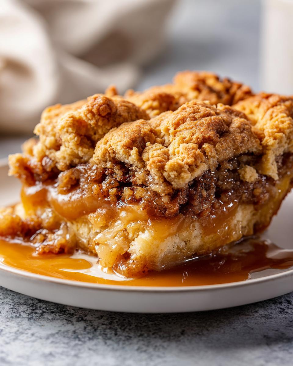 Close-up of a warm slice of pecan pie cobbler recipe dripping with caramel sauce on a white plate.