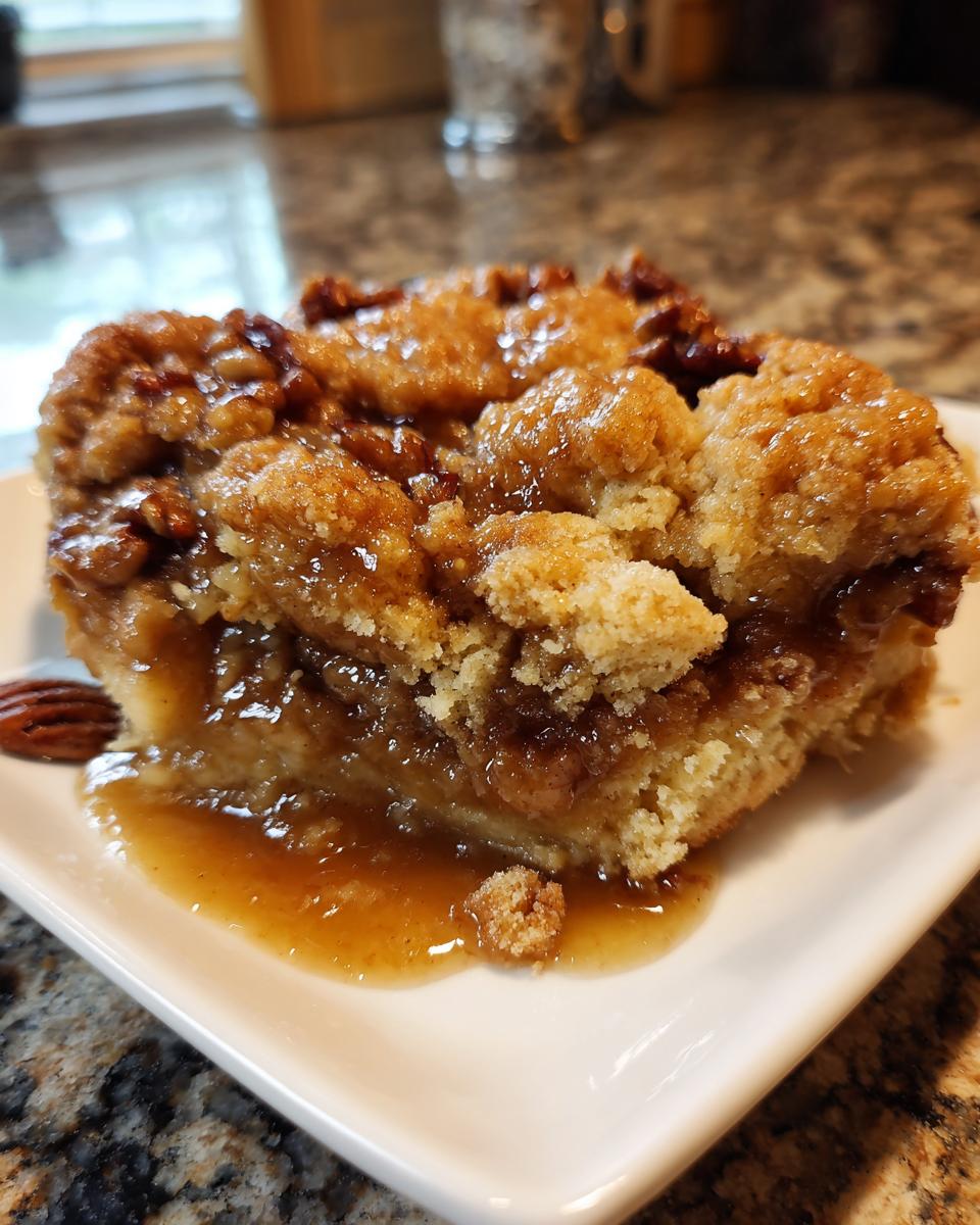 A close-up of a square serving of pecan pie cobbler recipe with gooey caramel sauce pooling on a white plate.