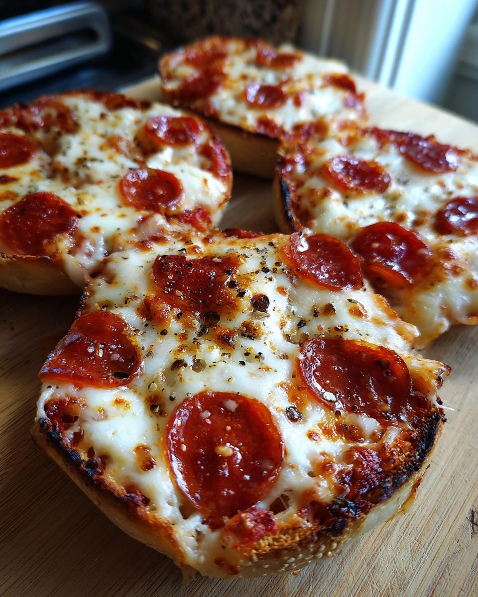 Four freshly baked pepperoni pizza bagels topped with melted cheese and herbs sitting on a wooden cutting board.