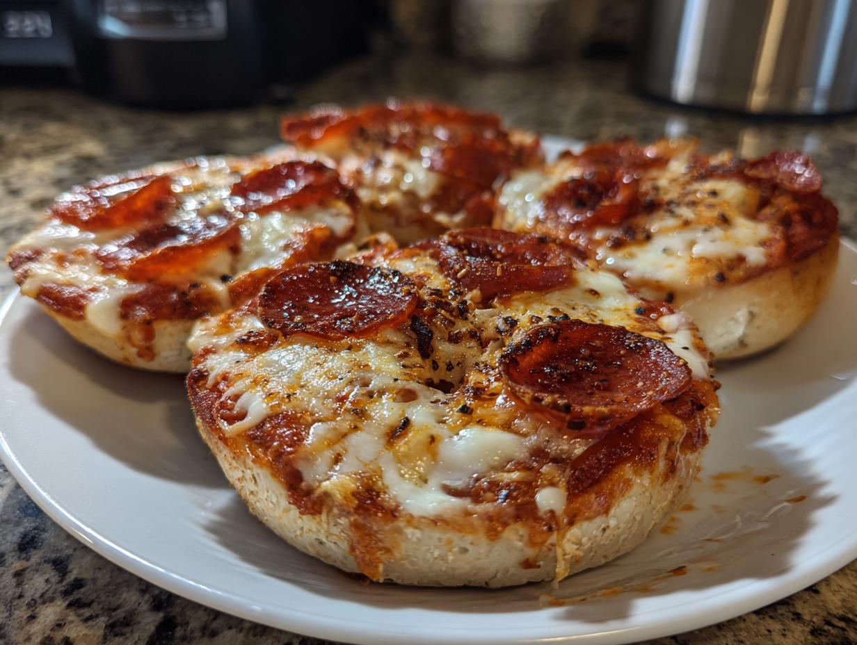 Four freshly baked pepperoni pizza bagels topped with melted cheese and seasoning served on a white plate.