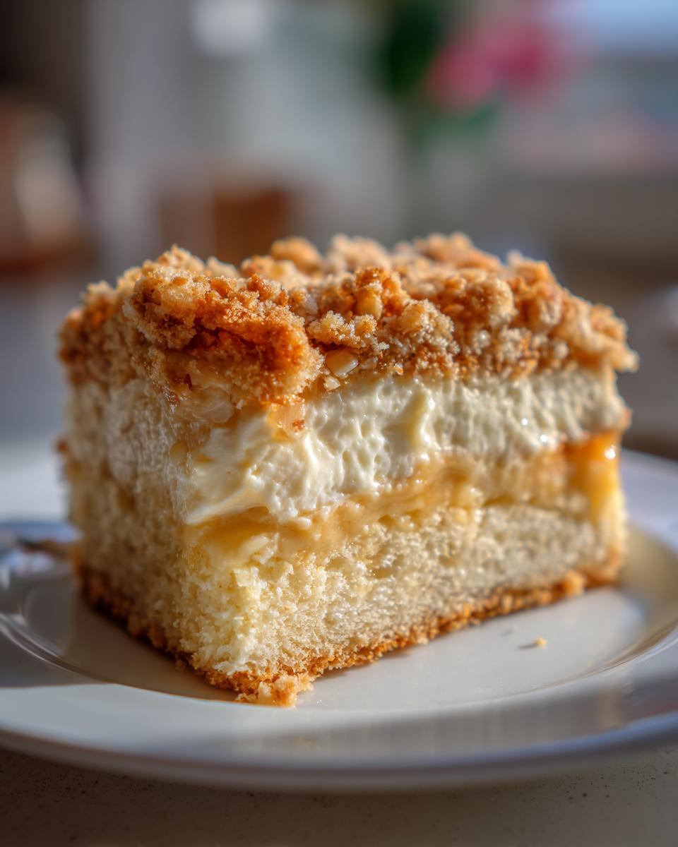 Close-up of a perfect slice of bee sting cake showing layers of sponge, cream, and crunchy honey topping.
