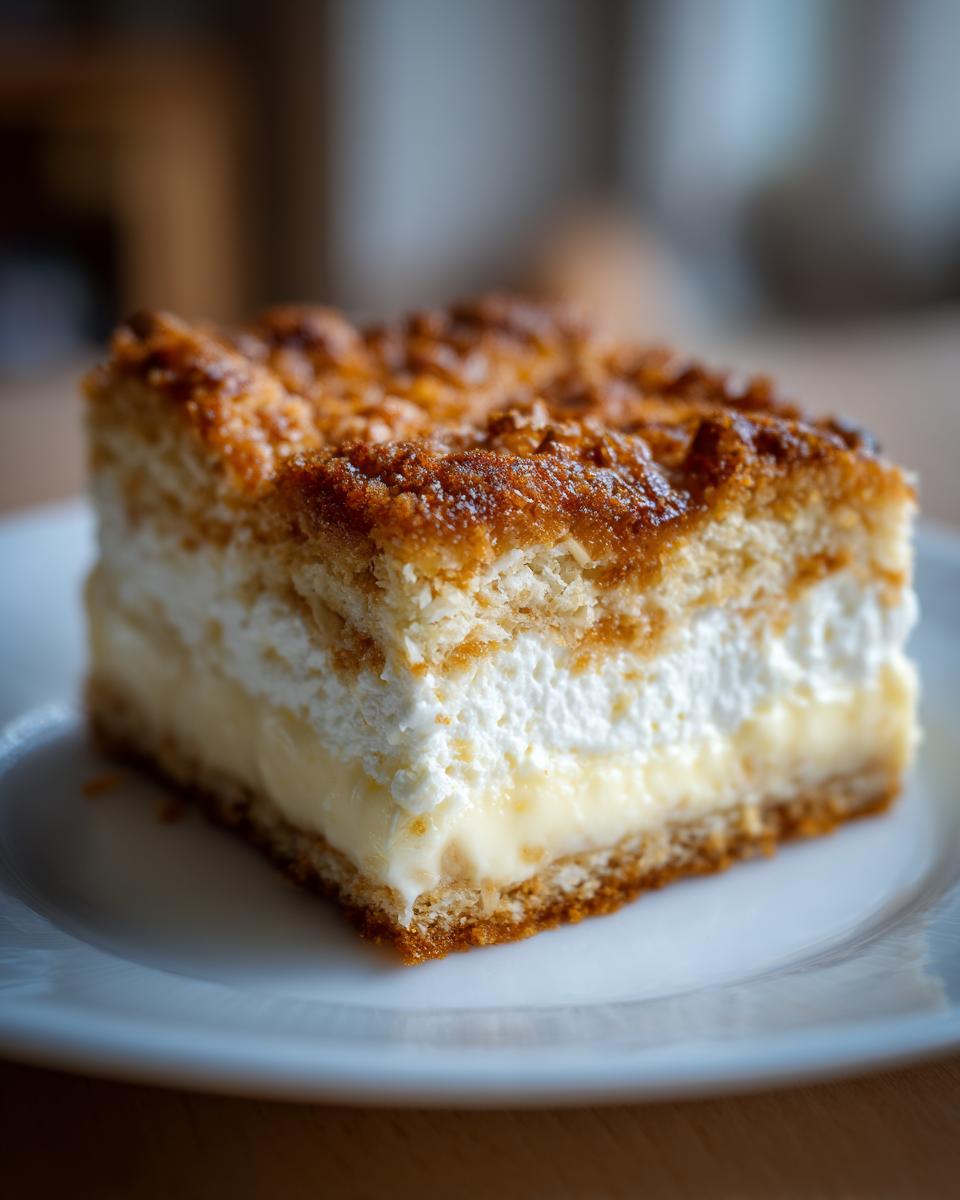 Close-up of a square slice of bee sting cake featuring layers of cake, vanilla cream, whipped topping, and a caramelized nut crust.