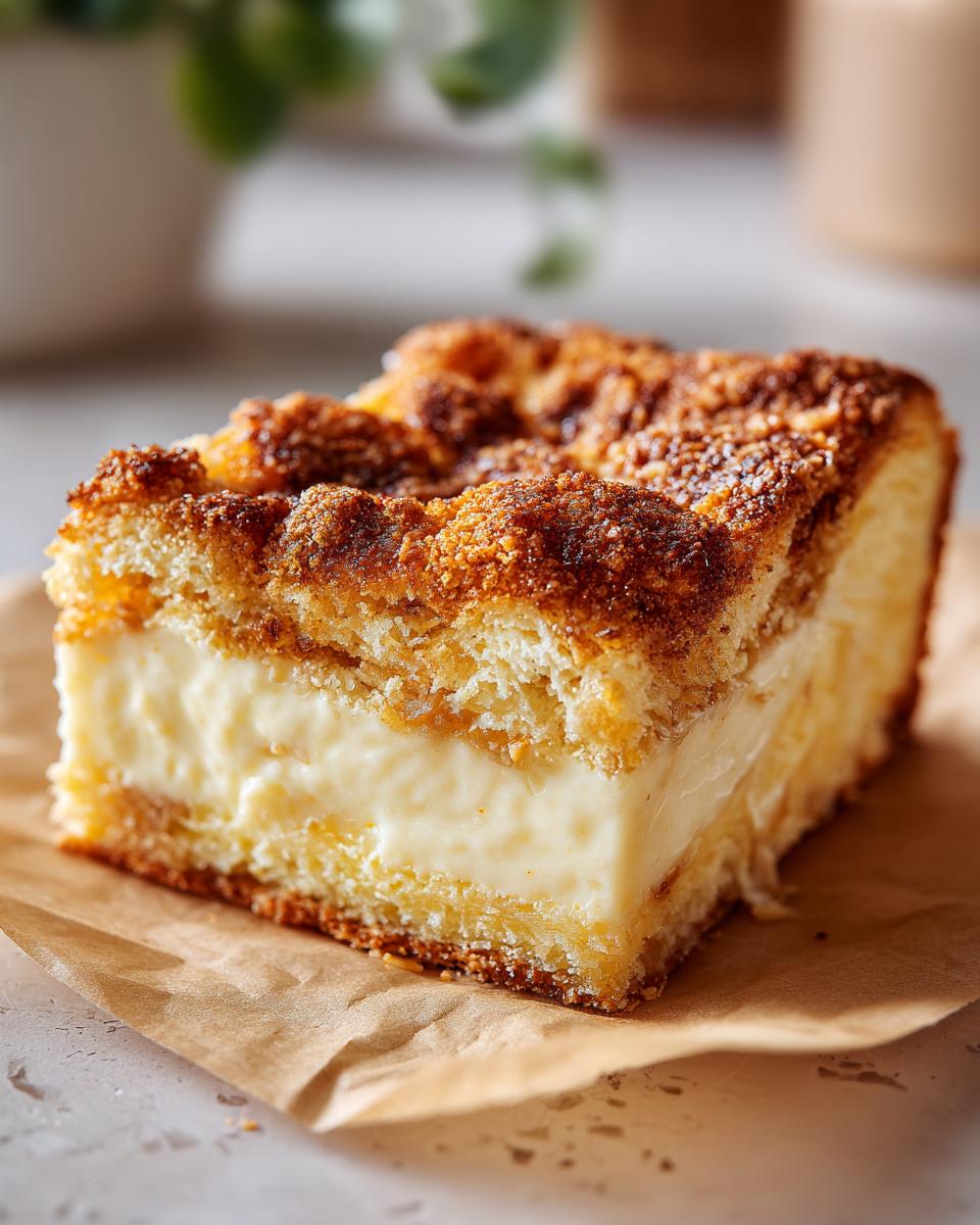 Close-up of a thick slice of bee sting cake showing the creamy vanilla filling between the cake layers and crunchy topping.
