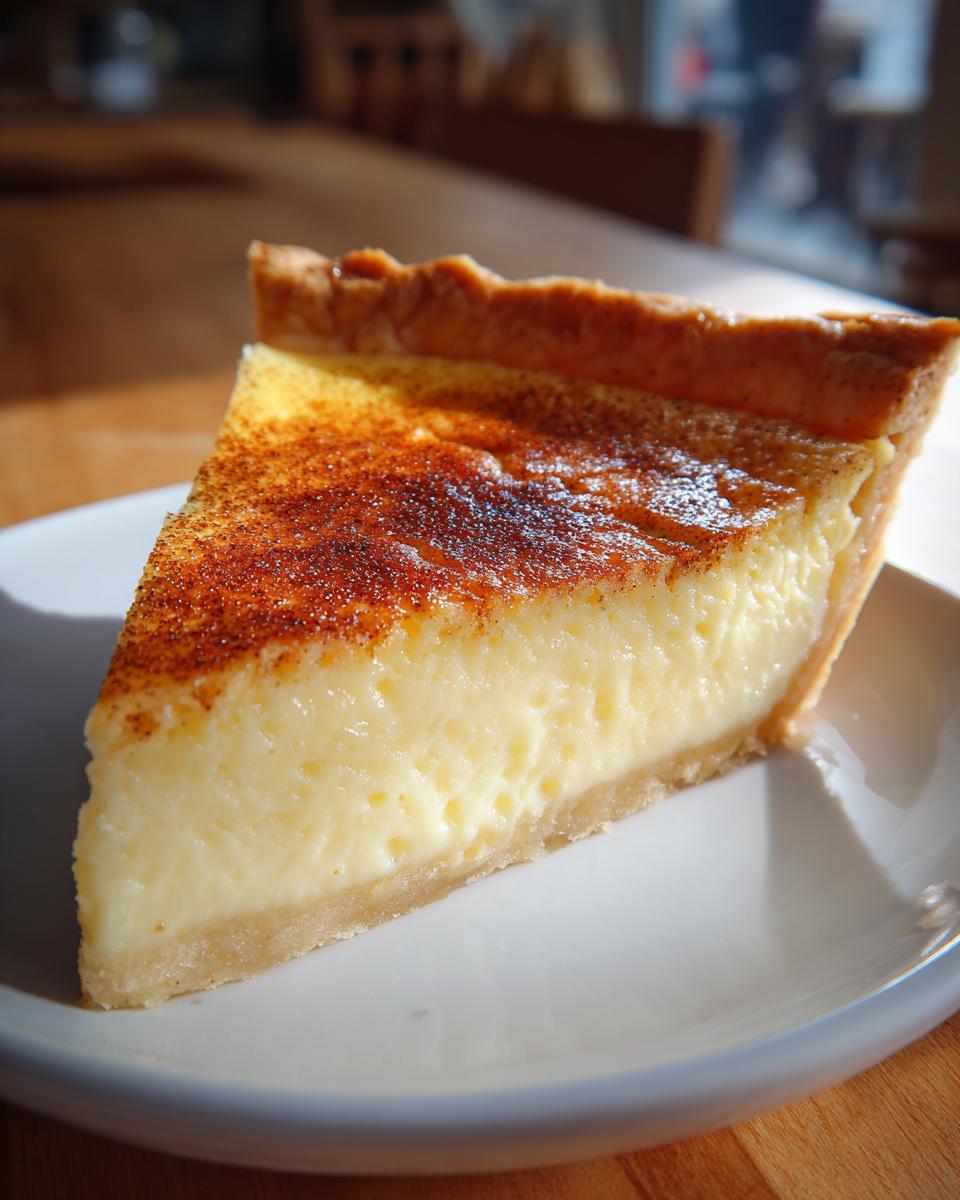 A perfect slice of creamy custard pie with a golden, cinnamon-dusted top, sitting on a white plate.