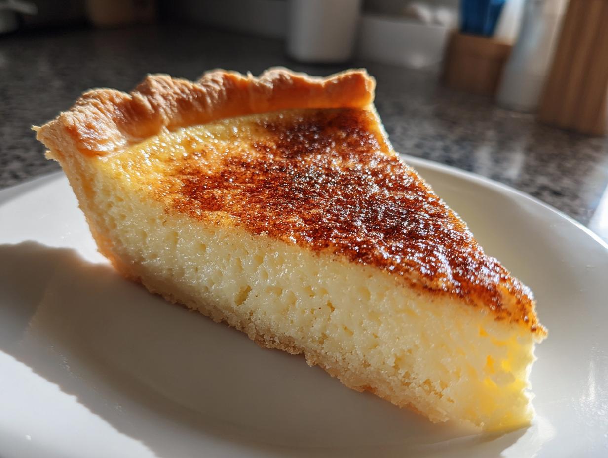 A close-up slice of perfect custard pie showing a creamy filling and a beautifully browned, slightly speckled top.