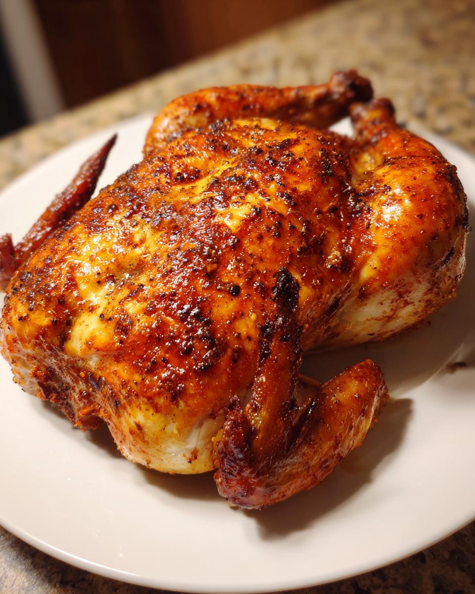 A whole, beautifully roasted spatchcock chicken with deeply browned, seasoned, and crispy skin resting on a white plate.