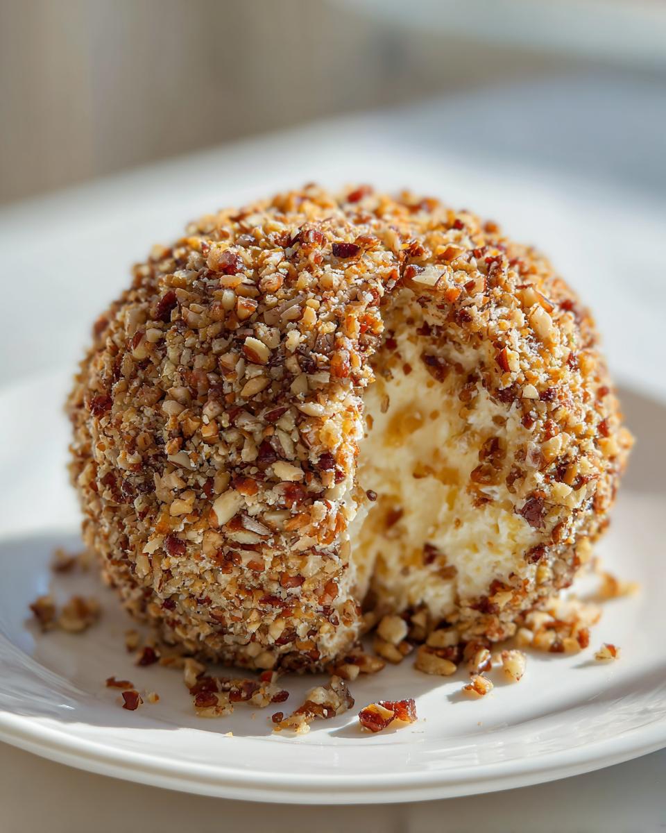 A close-up of a pineapple cheese ball coated in chopped nuts, with a small section removed to show the creamy interior.