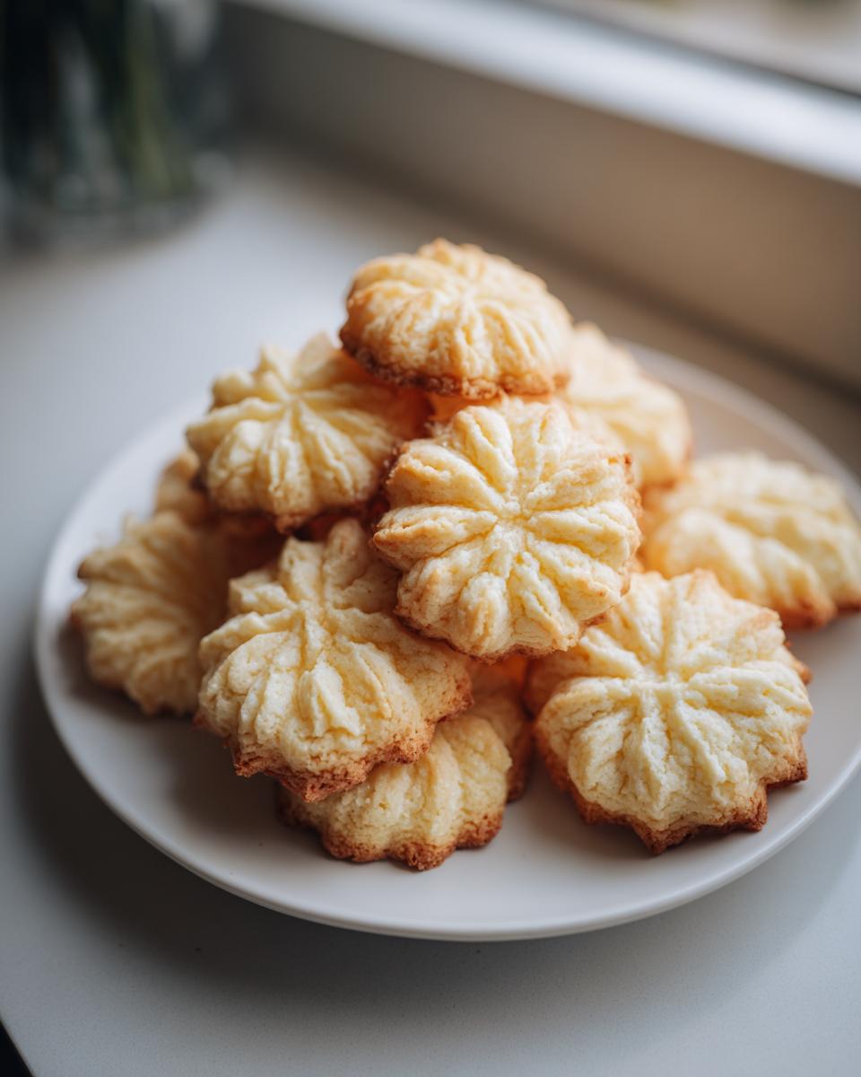 A pile of freshly baked, piped butter cookies with golden brown edges stacked on a white plate.