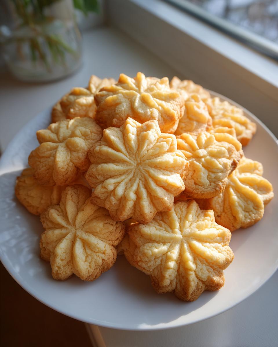 A pile of freshly baked, star-shaped butter cookies with golden edges resting on a white plate.