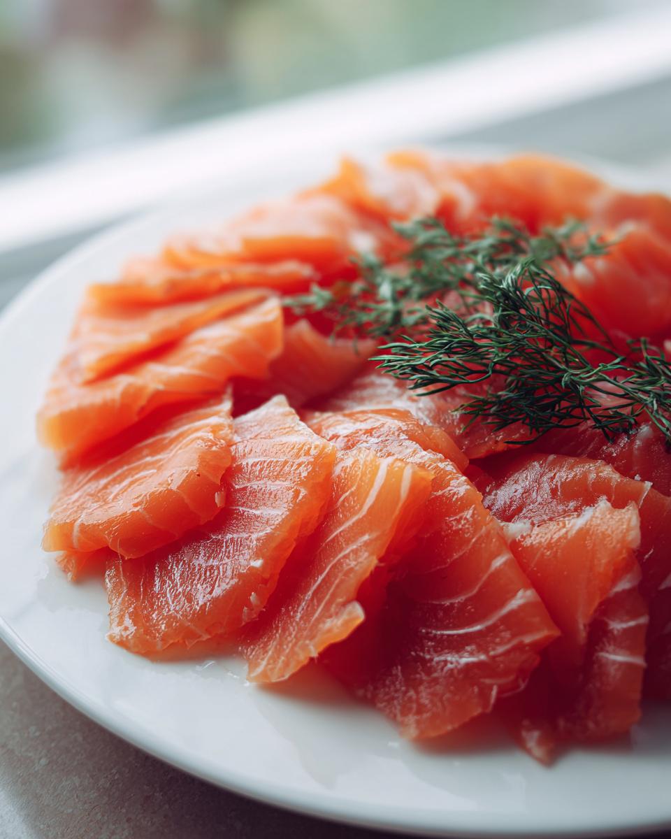 Close-up of thinly sliced, bright orange smoked salmon arranged on a white plate and garnished with fresh dill.