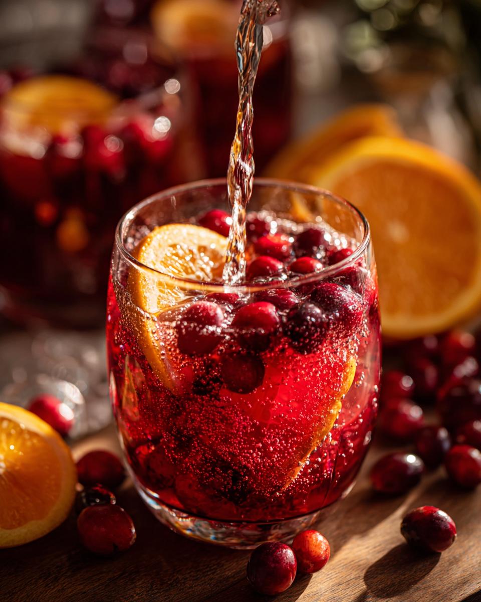 A stream of liquid is poured into a glass filled with cranberries and an orange slice for a festive non-alcoholic christmas punch.