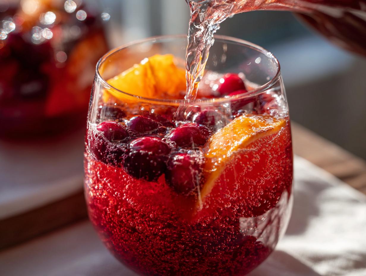 Close-up of sparkling red non-alcoholic christmas punch being poured into a glass filled with cranberries and orange slices.