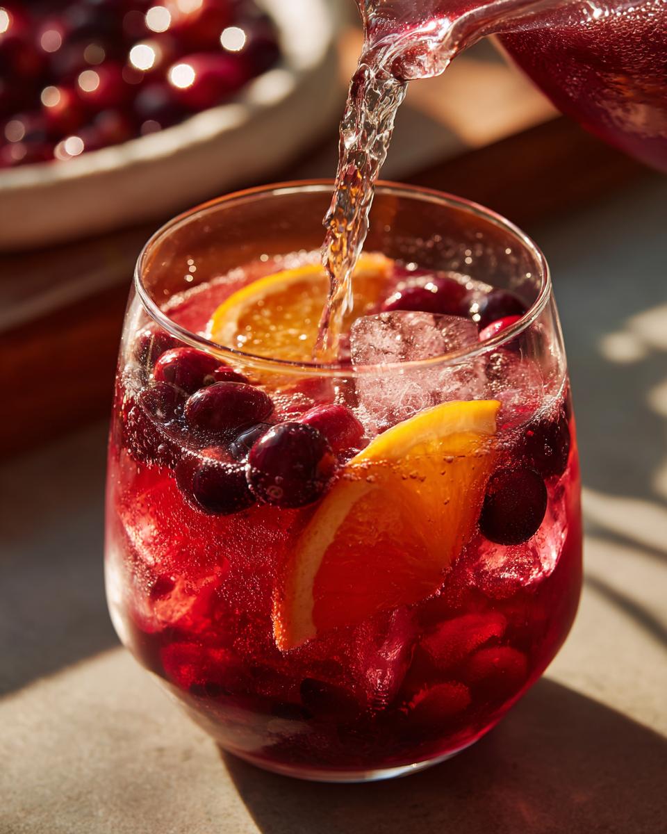 Close-up of sparkling non-alcoholic christmas punch being poured over ice, cranberries, and orange slices in a glass.