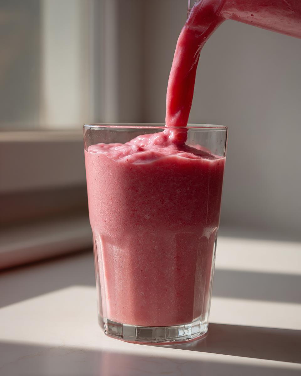 Close-up of a thick, bright pink watermelon smoothie being poured from a pitcher into a clear glass.