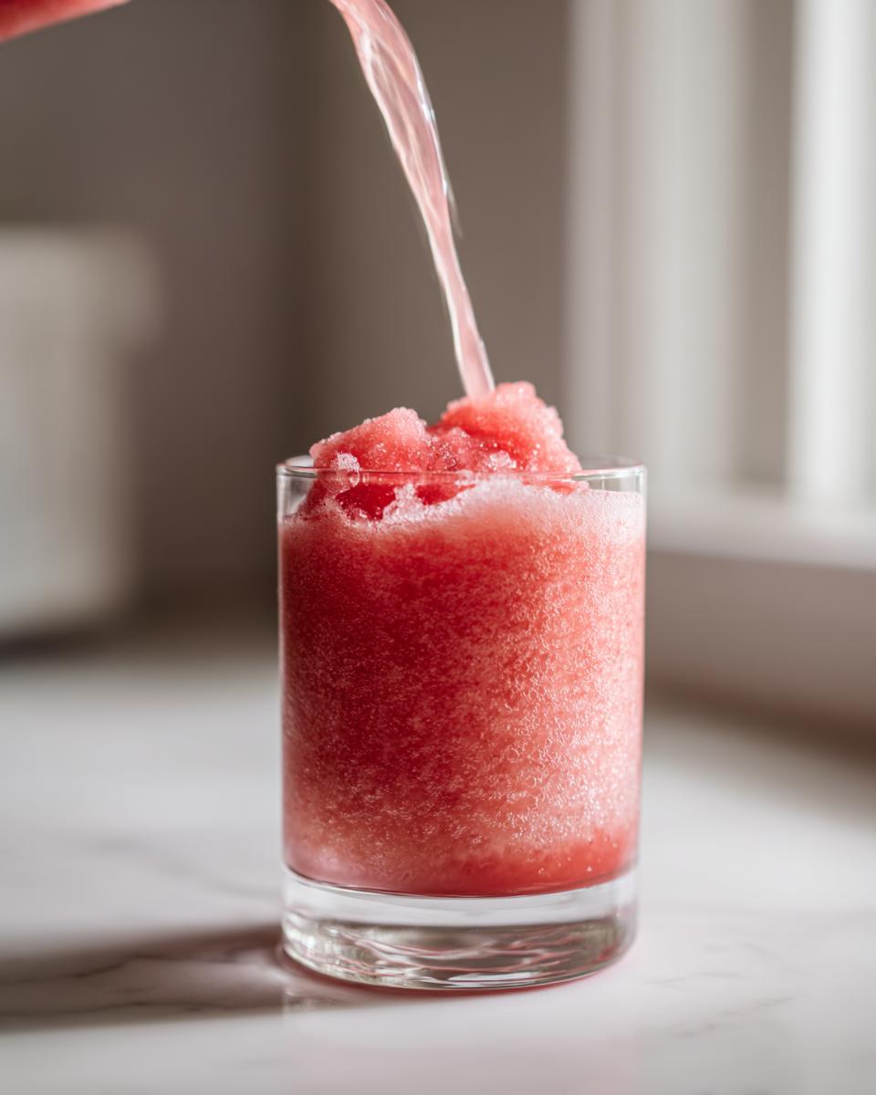 A stream of bright pink watermelon smoothie is being poured into a glass filled with icy, blended watermelon smoothie.