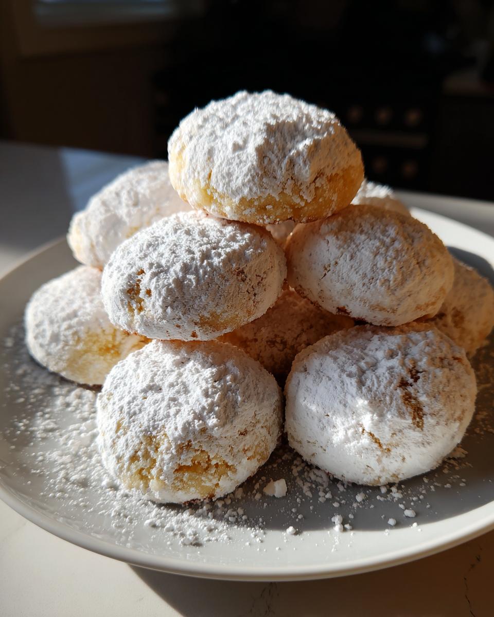 A mound of freshly baked russian tea cakes heavily dusted with white powdered sugar on a grey plate.