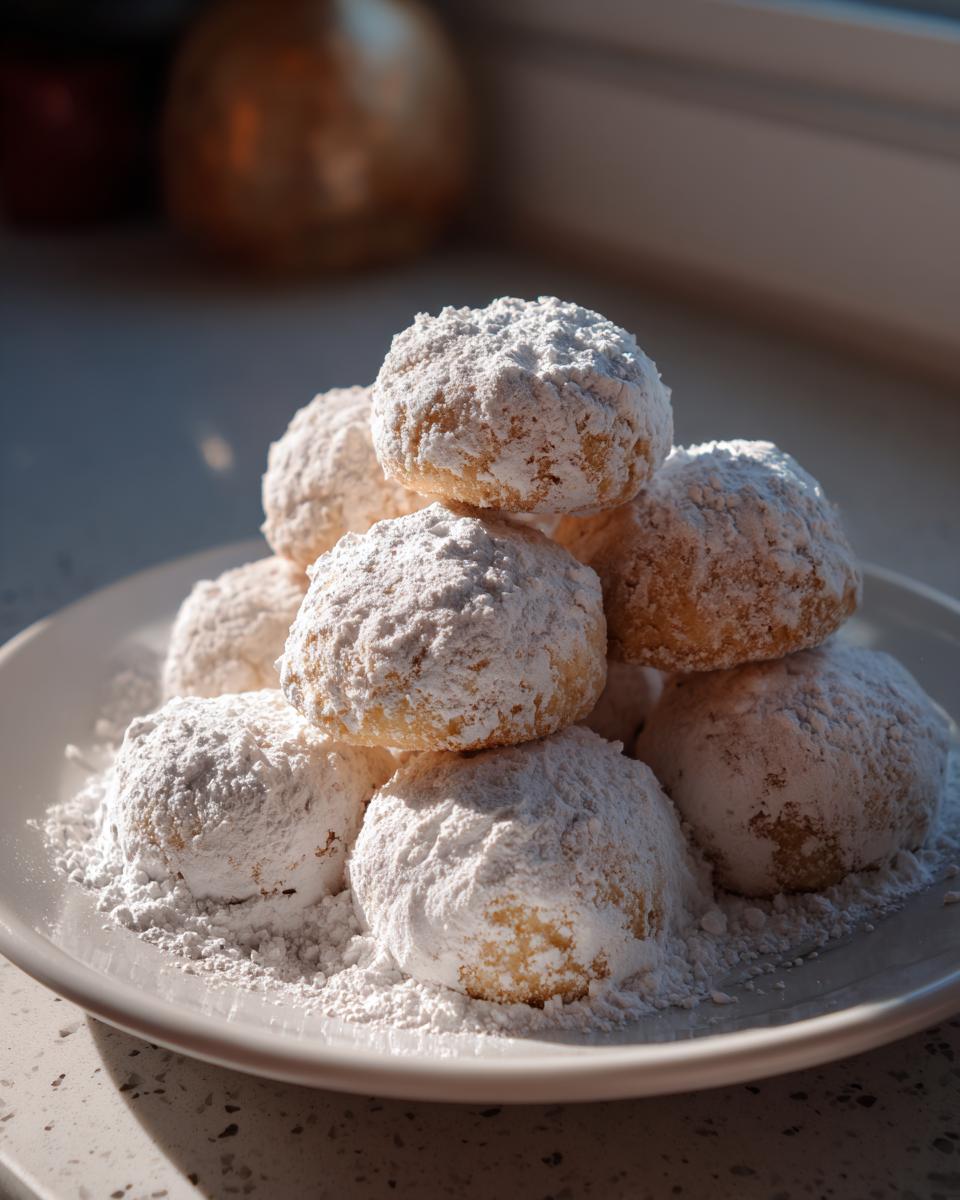 A stack of freshly baked russian tea cakes heavily dusted with powdered sugar, piled on a white plate.