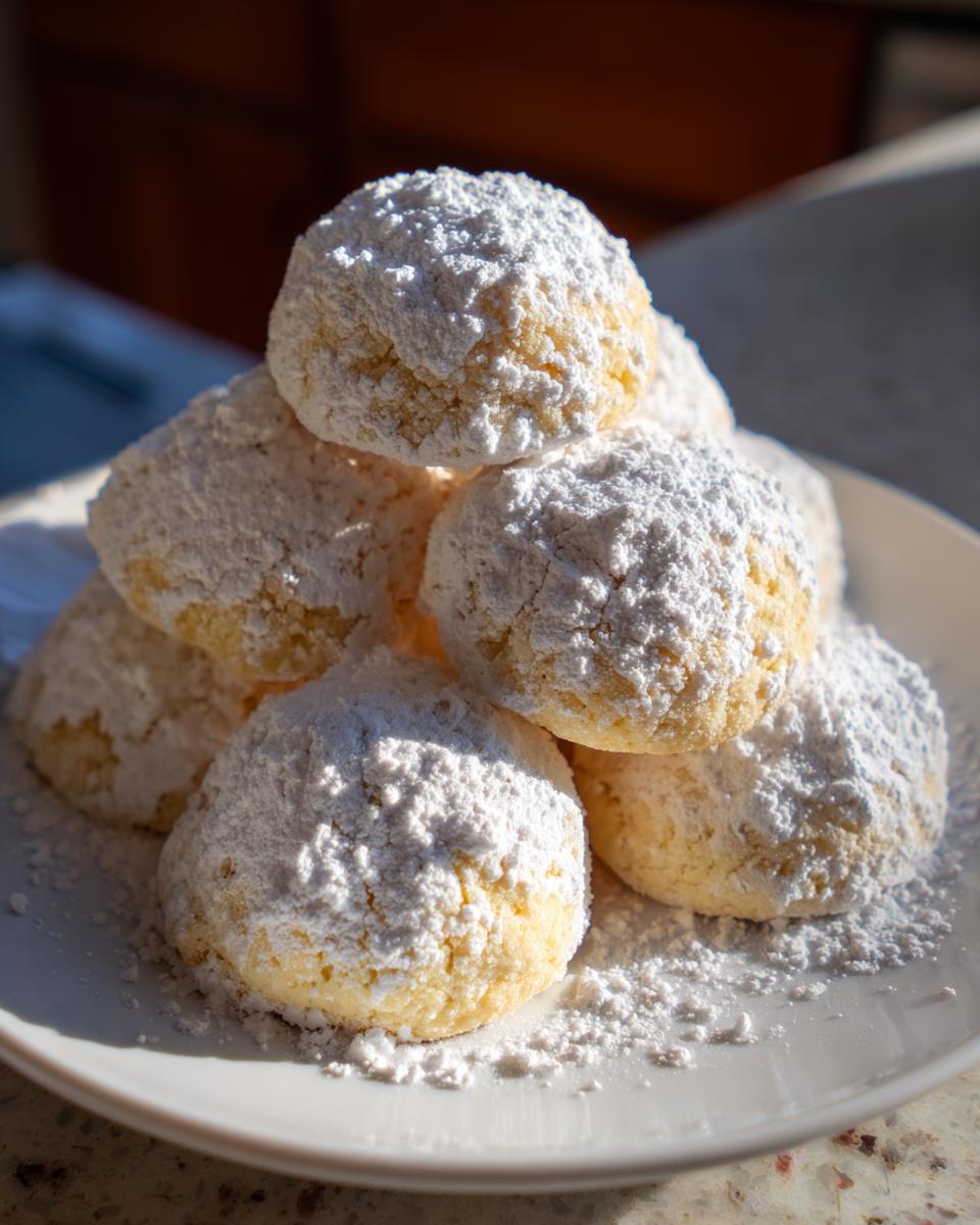 A mound of freshly baked russian tea cakes heavily dusted with white powdered sugar on a white plate.