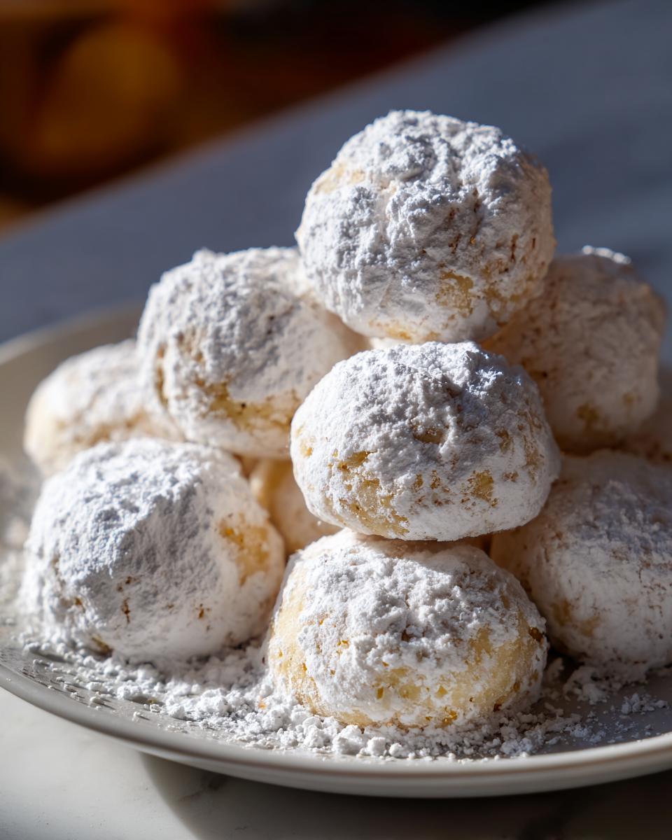 A close-up stack of delicious russian tea cakes heavily dusted with white powdered sugar on a light plate.