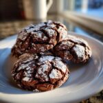 Four rich, dark chocolate crinkle cookies dusted heavily with powdered sugar, resting on a white plate.