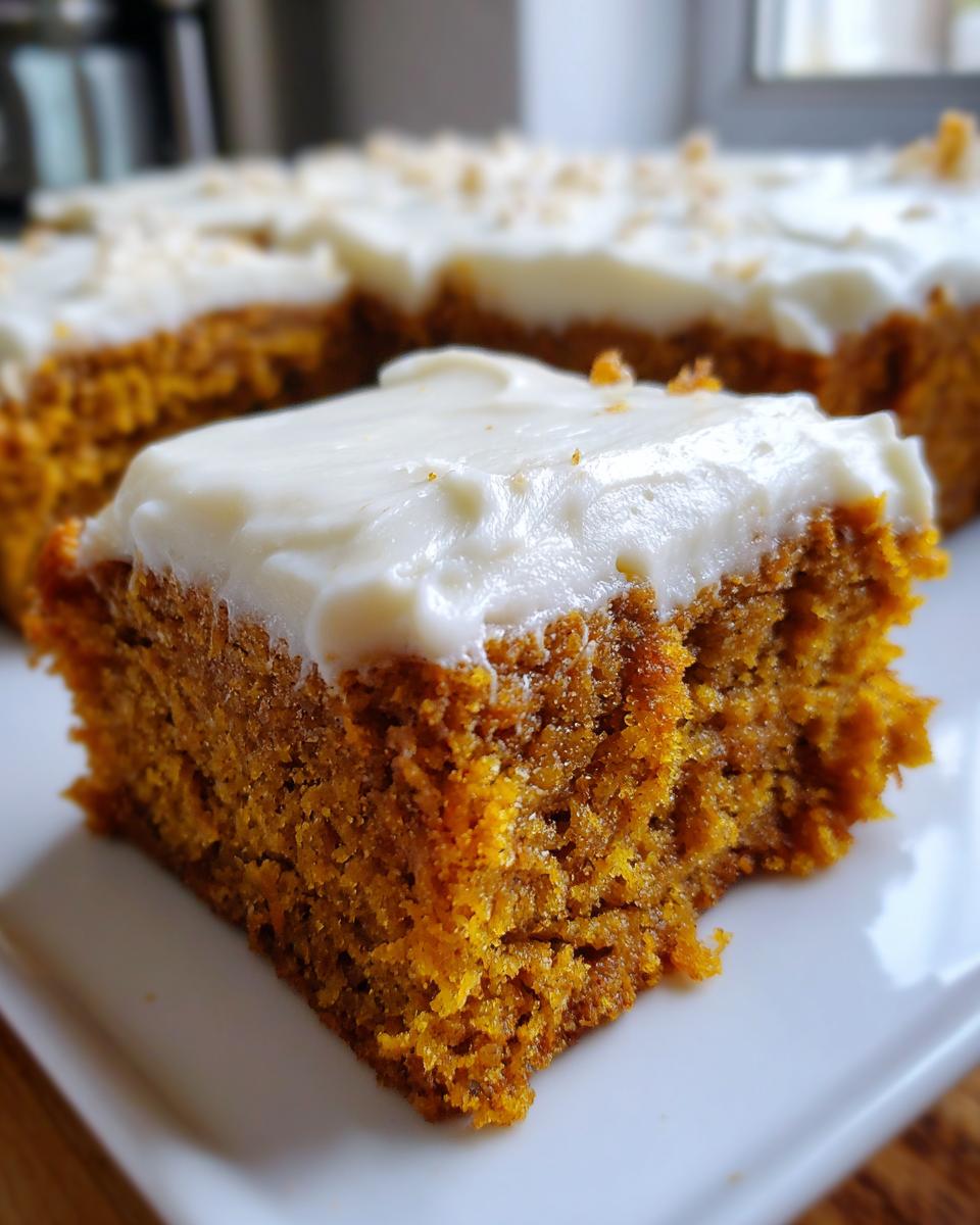 Close-up of a moist, orange pumpkin bar topped with thick cream cheese frosting.
