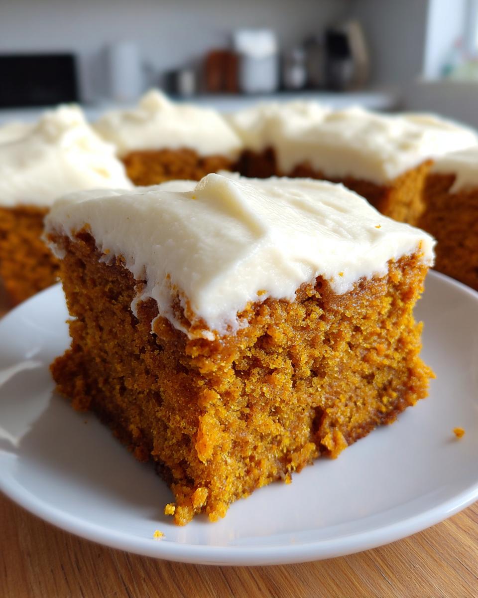 A close-up of a single square slice of moist pumpkin bars with thick cream cheese frosting.