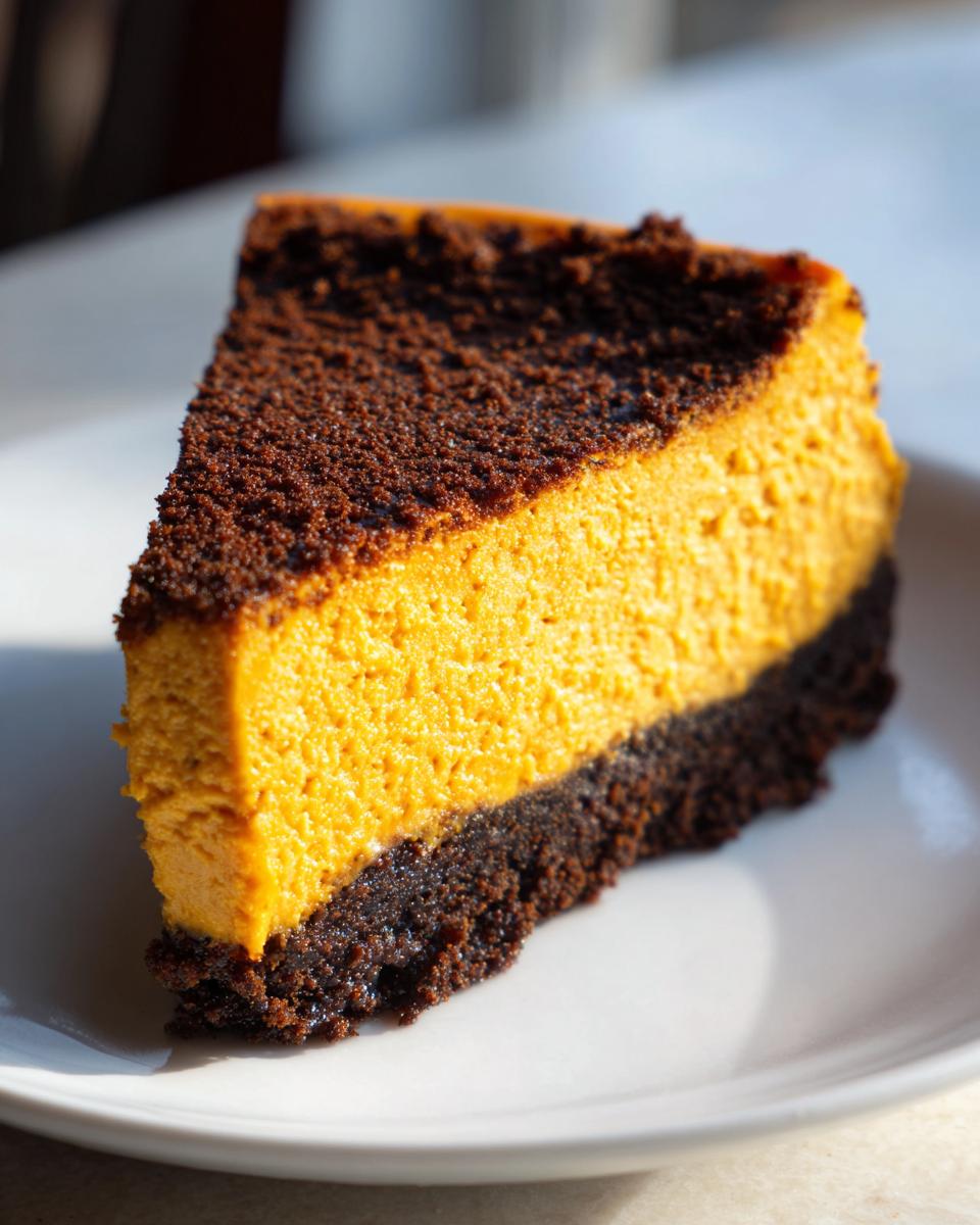 A thick slice of bright orange pumpkin cheesecake with a dark chocolate crust, served on a white plate.