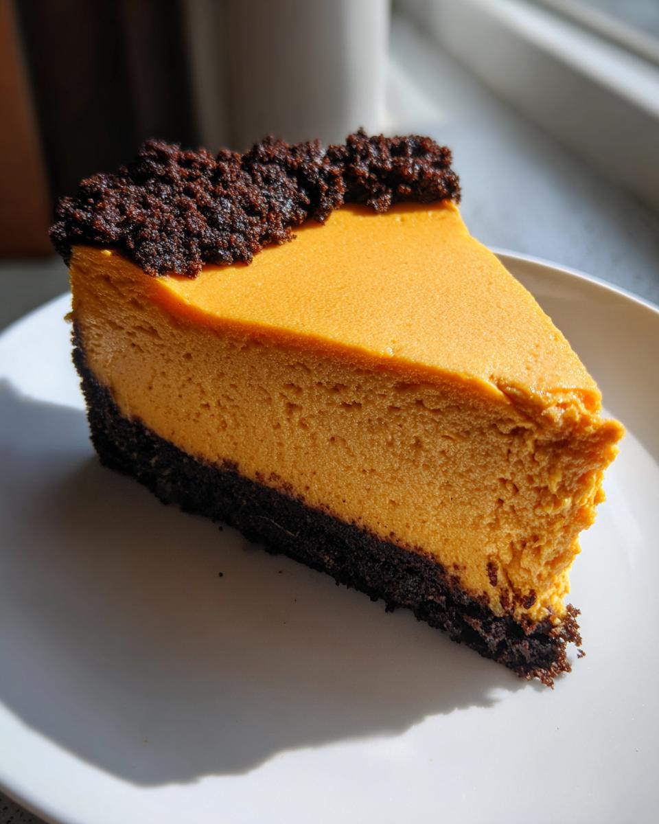 A perfect slice of smooth, orange pumpkin cheesecake with a dark chocolate crust and crumb topping.