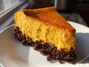 A thick, vibrant slice of pumpkin cheesecake with a dark chocolate crust, sitting on a white plate.