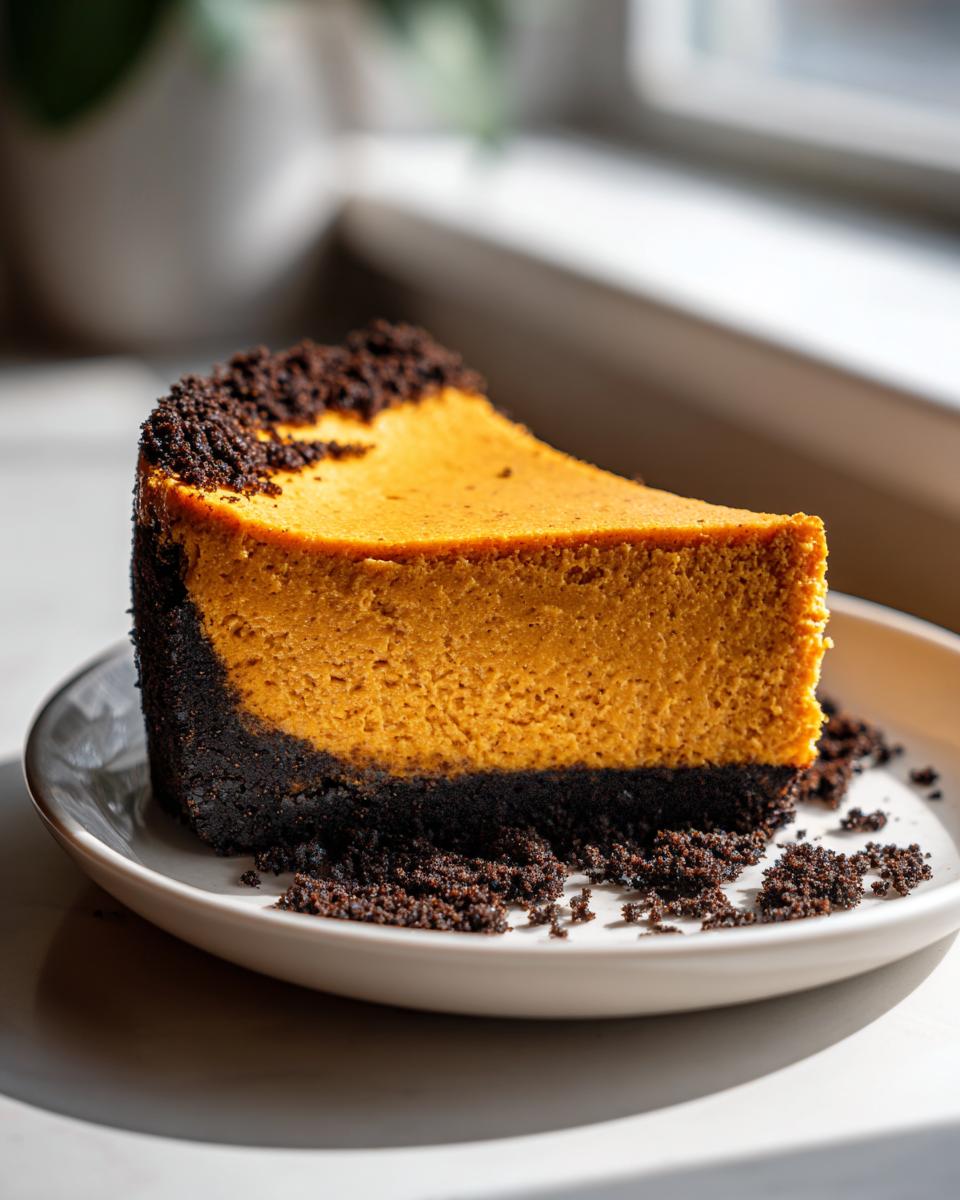 A thick slice of smooth, orange pumpkin cheesecake with a dark chocolate crust, served on a white plate.
