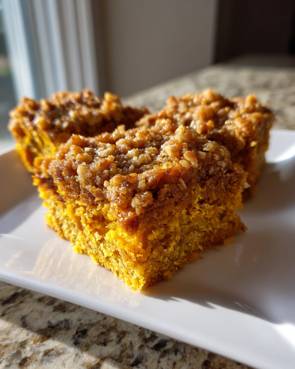 Close-up of three moist squares of pumpkin crunch cake with a crunchy, spiced topping on a white plate.