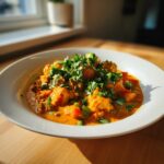 A close-up of a creamy, orange pumpkin curry topped generously with fresh cilantro, served in a white bowl.