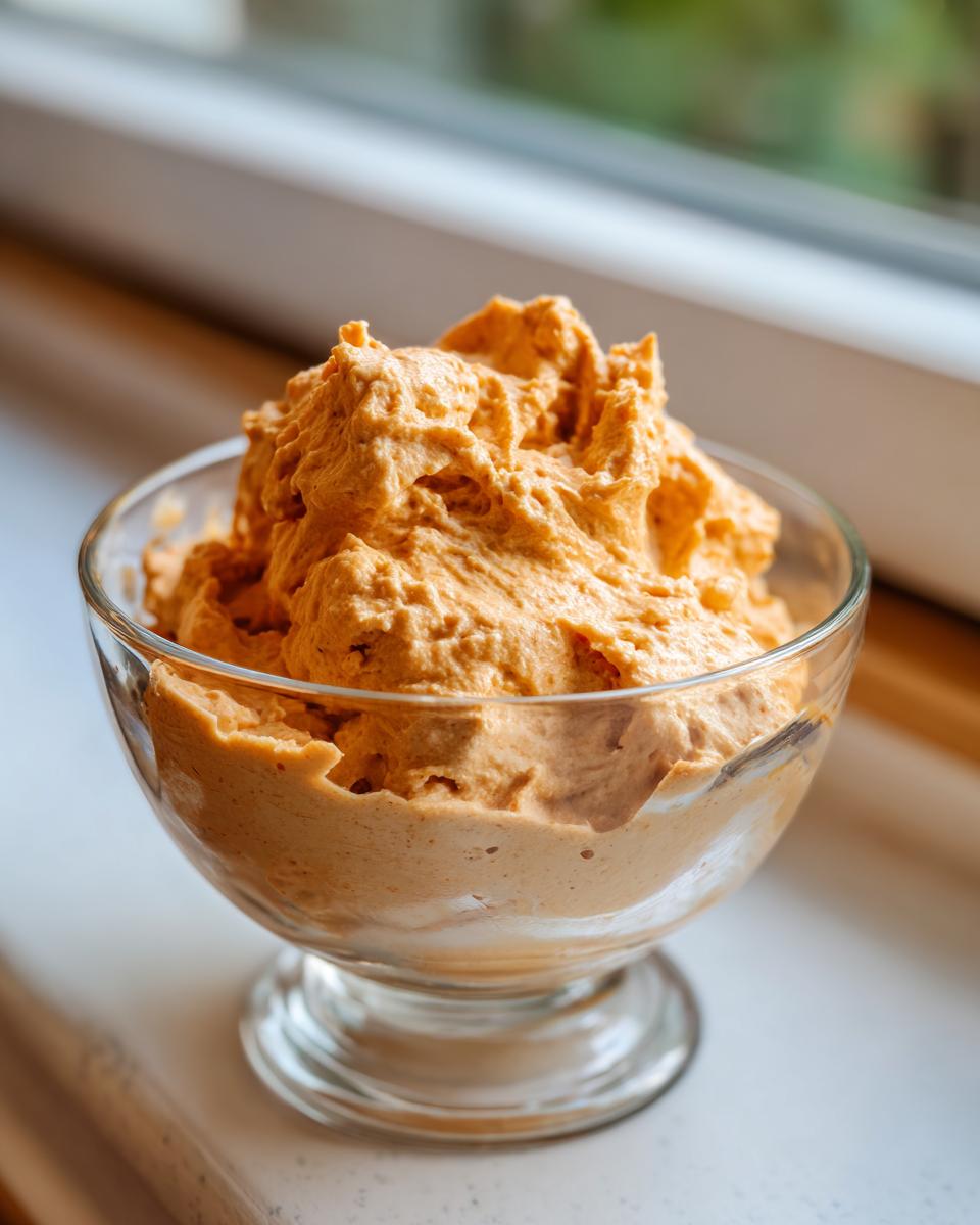 A close-up of light orange, fluffy pumpkin fluff dessert served in a clear glass dish near a window.