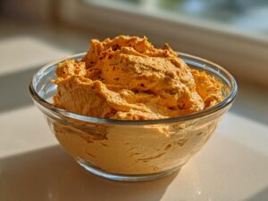 A close-up of vibrant orange pumpkin fluff dessert, topped with red spice flakes, served in a clear glass bowl.