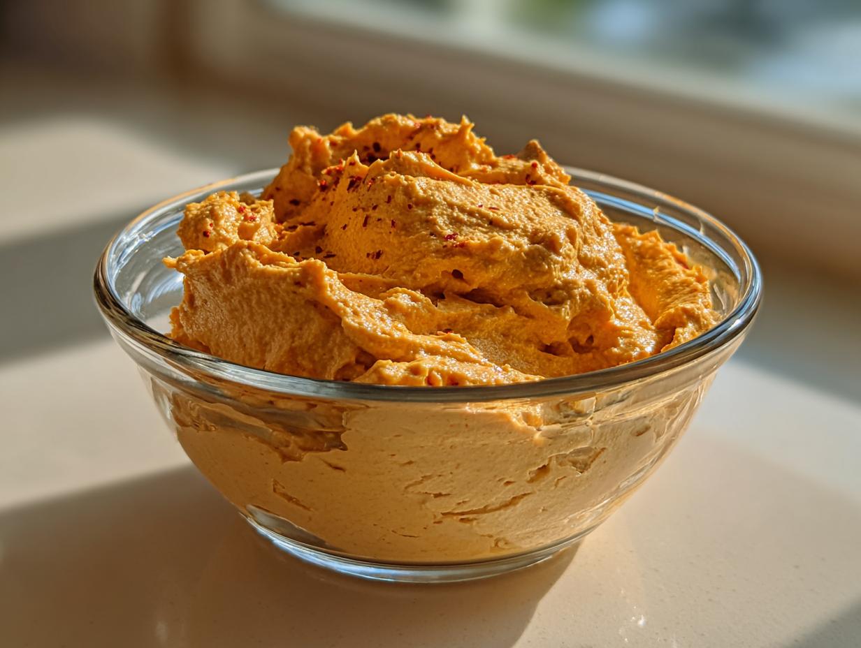 A close-up of vibrant orange pumpkin fluff dessert, topped with red spice flakes, served in a clear glass bowl.