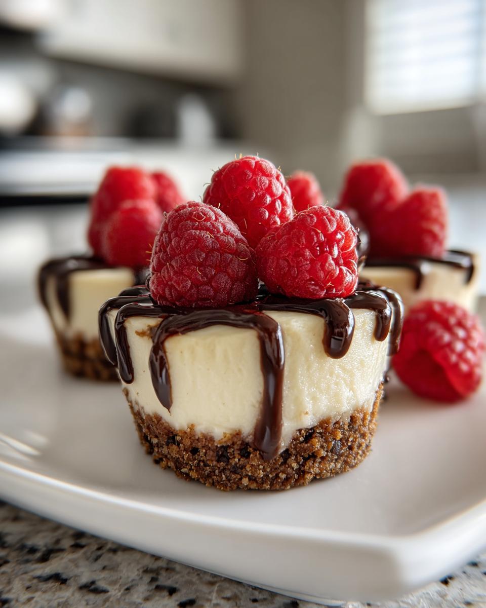 Close-up of a single mini cheesecake bite topped with chocolate drizzle and fresh raspberries.