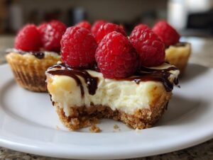 Close-up of a mini cheesecake bite with a bite taken out, topped with raspberries and chocolate drizzle.