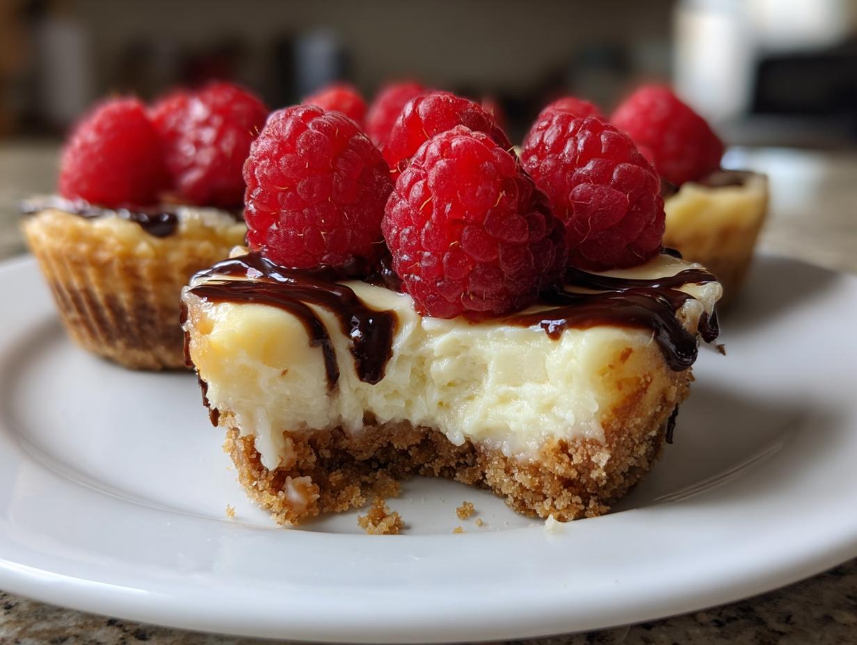 Close-up of a mini cheesecake bite with a bite taken out, topped with raspberries and chocolate drizzle.